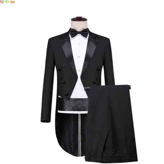 Mens Tuxedo Tailcoat Formal Dress Suits Swallow Tail Coat Navy Blue Male Jacket and Pants Party Wedding Dance Magic Performance Good Vibrations