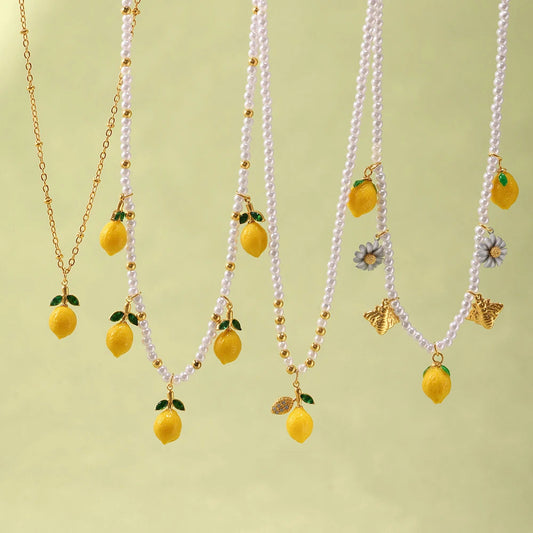 Nivora Resin Fruit Lemon Pendant Necklace For Women Imitation Pearl Stainless Steel Zircon Handmade Strand Beads Choker Jewelry Good Vibrations