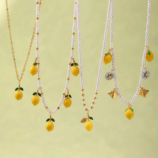 Nivora Resin Fruit Lemon Pendant Necklace For Women Imitation Pearl Stainless Steel Zircon Handmade Strand Beads Choker Jewelry Good Vibrations
