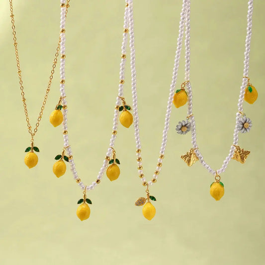 Nivora Resin Fruit Lemon Pendant Necklace For Women Imitation Pearl Stainless Steel Zircon Handmade Strand Beads Choker Jewelry Good Vibrations