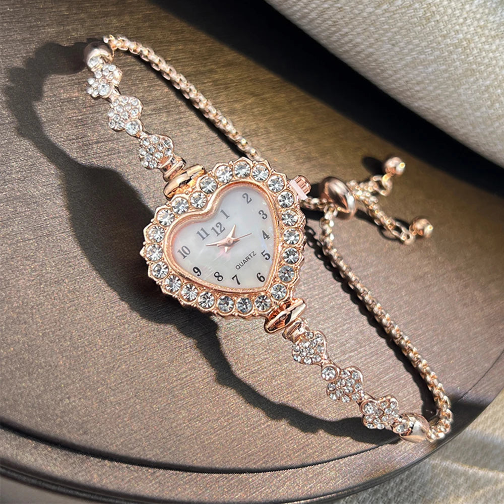 New Fashion Heart-shaped Ribbon-Strap Diamond-Studded Flower Watch for Women with Adjustable Bracelet Good Vibrations