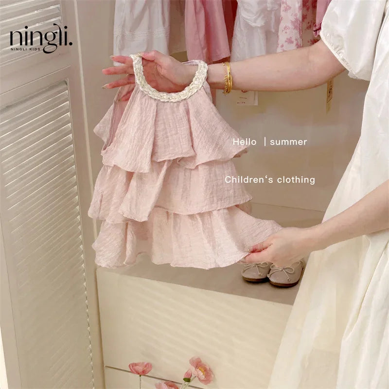 Girls Casual Dresses Summer New Children Clothing Sweet Vest Baby Cake 2024 Round Collar Fashion Soild Sweet Pink Good Vibrations