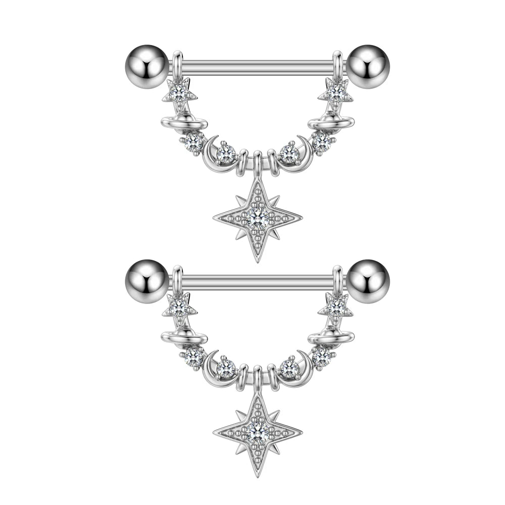 2pcs Stainless Steel Shield Bar Barbell Nipple Piercing Jewelry for Women Both Sides Screwed Sun Moon Flower Star Nipple Rings Good Vibrations Adult Super Store
