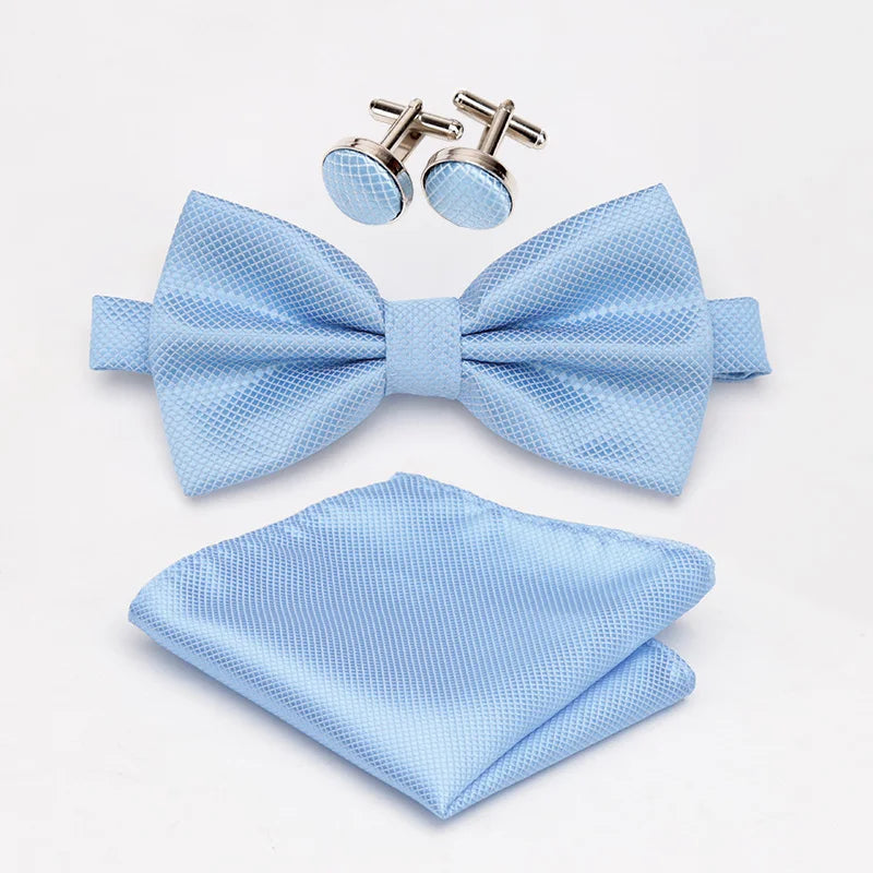 Men Bowtie Set 3pcs Plaids Classic Fashion Wedding Party Formal Cufflinks Bow Tie Handkerchief Cuff Links Lots Three Piece Set Good Vibrations