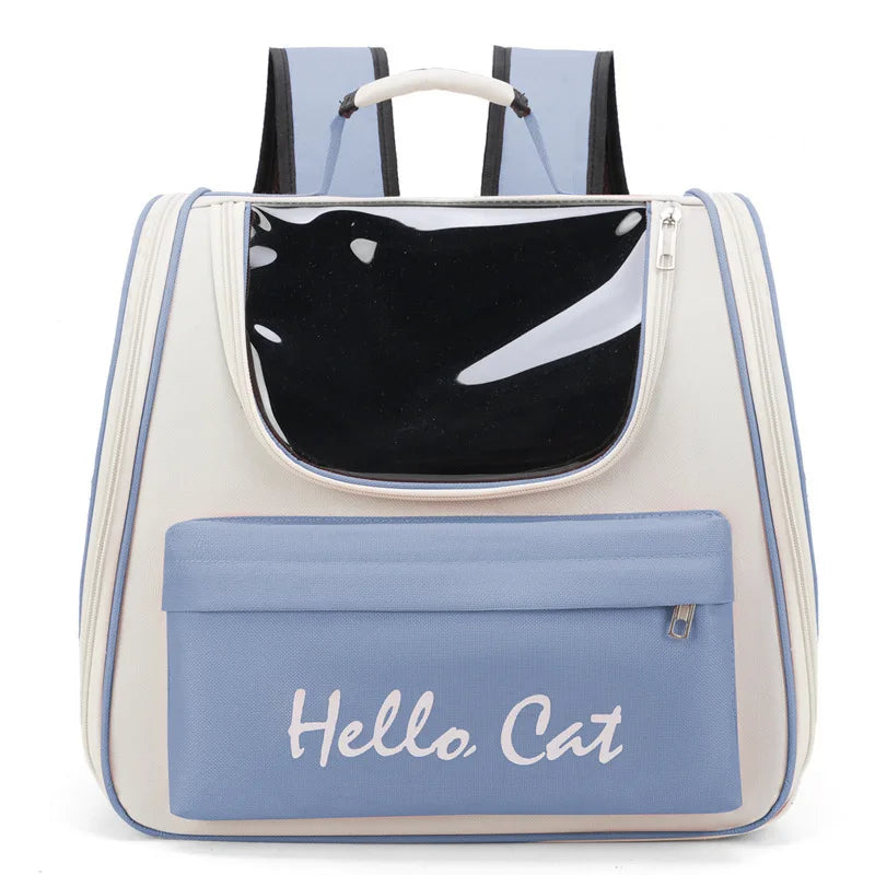Pet Carrier Backpack with "Hello Cat" Lettering and Transparent Window Breathable Pocket Comfortable Cat & Dog Travel Backpack Good Vibrations