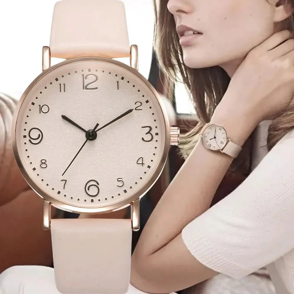 Women's casual analog quartz watch with Arabic numbers and beige leather strap