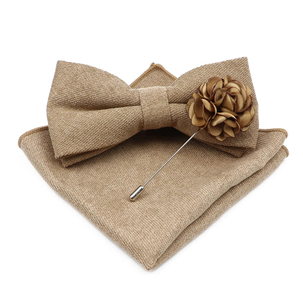 Mens Solid Color Cotton Bowtie Pocket Square Brooch Sets Pink Blue Super Soft Suede Bow Tie Handkerchief For Wedding Party Gift Good Vibrations