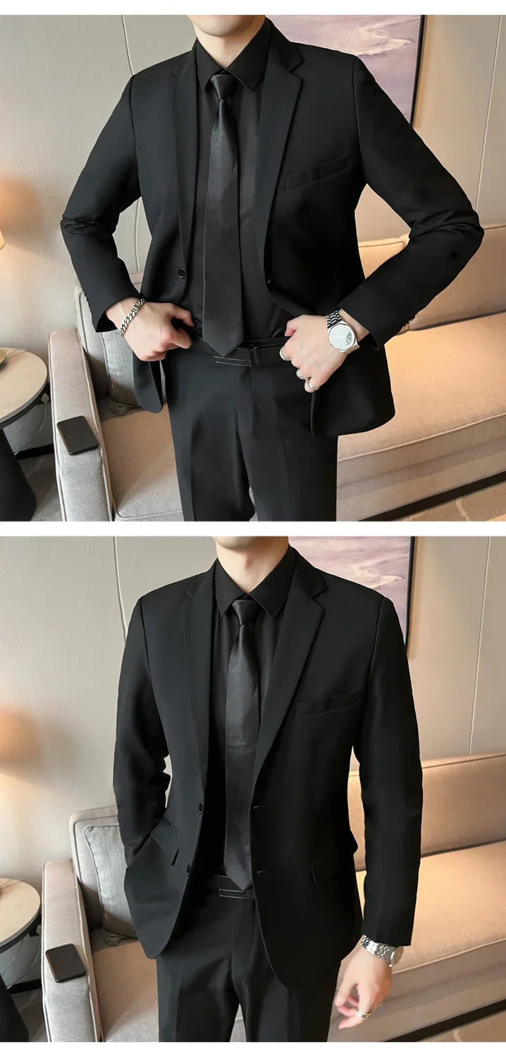 Suits for Men Korean Fashion Long Sleeve Slim Fit Wedding Business Blazer Black Professional Formal Suit Pants Sets Ropa Hombre Good Vibrations