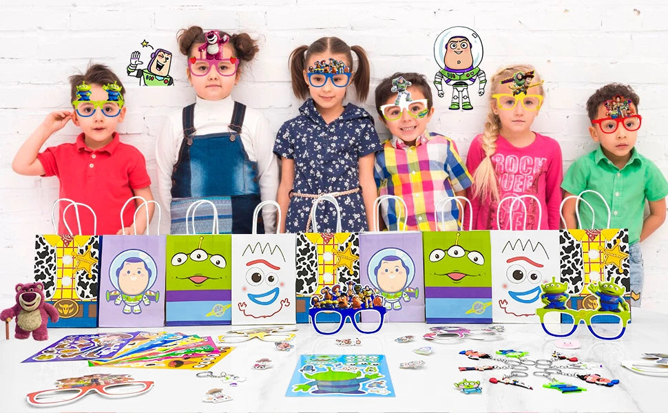 Cartoon Party Favors for Kids, 50pcs Cartoon Birthday Party Favors Set- Cartoon Goodie Bags Key Chains Stickers Photo Props etc Good Vibrations