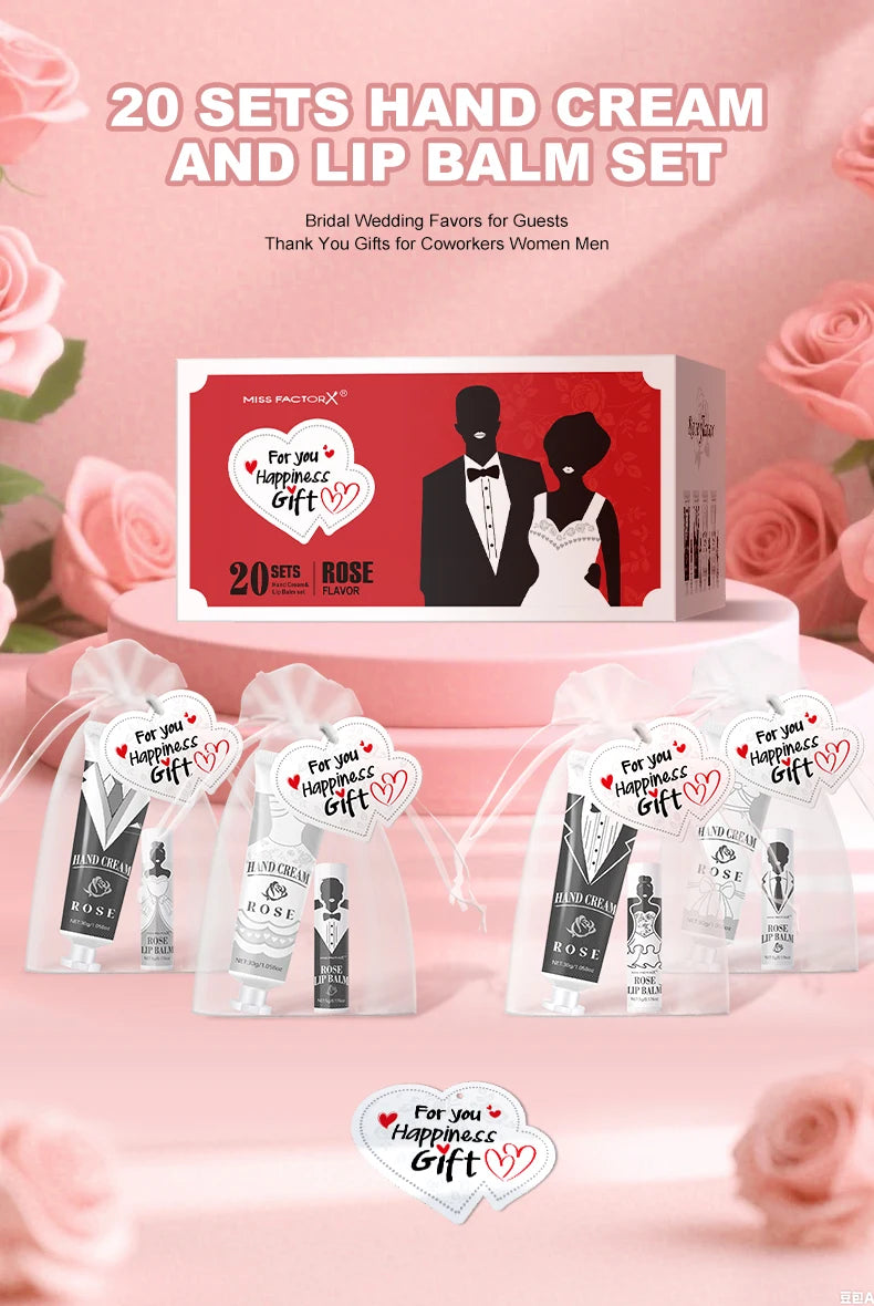 20 sets of wedding dress and suit theme gifts include hand cream, lipstick, white drawstring bag and wedding love greeting card