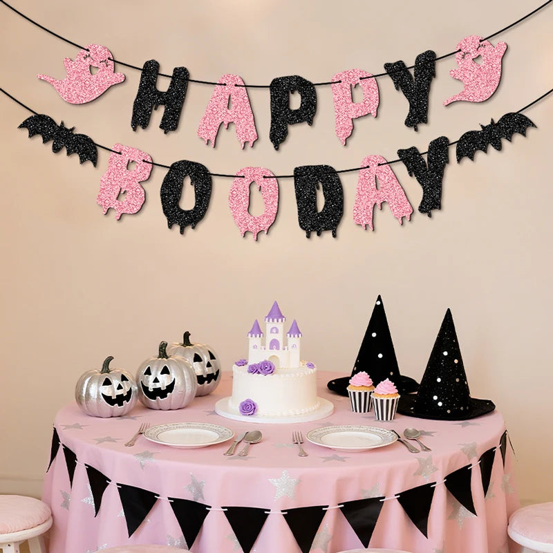 YOMDID Glitter Birthday Banner Happy Boo Day Party Banner Happy Letters Halloween Ghosts and Bats Happy Birthday Decorations Good Vibrations