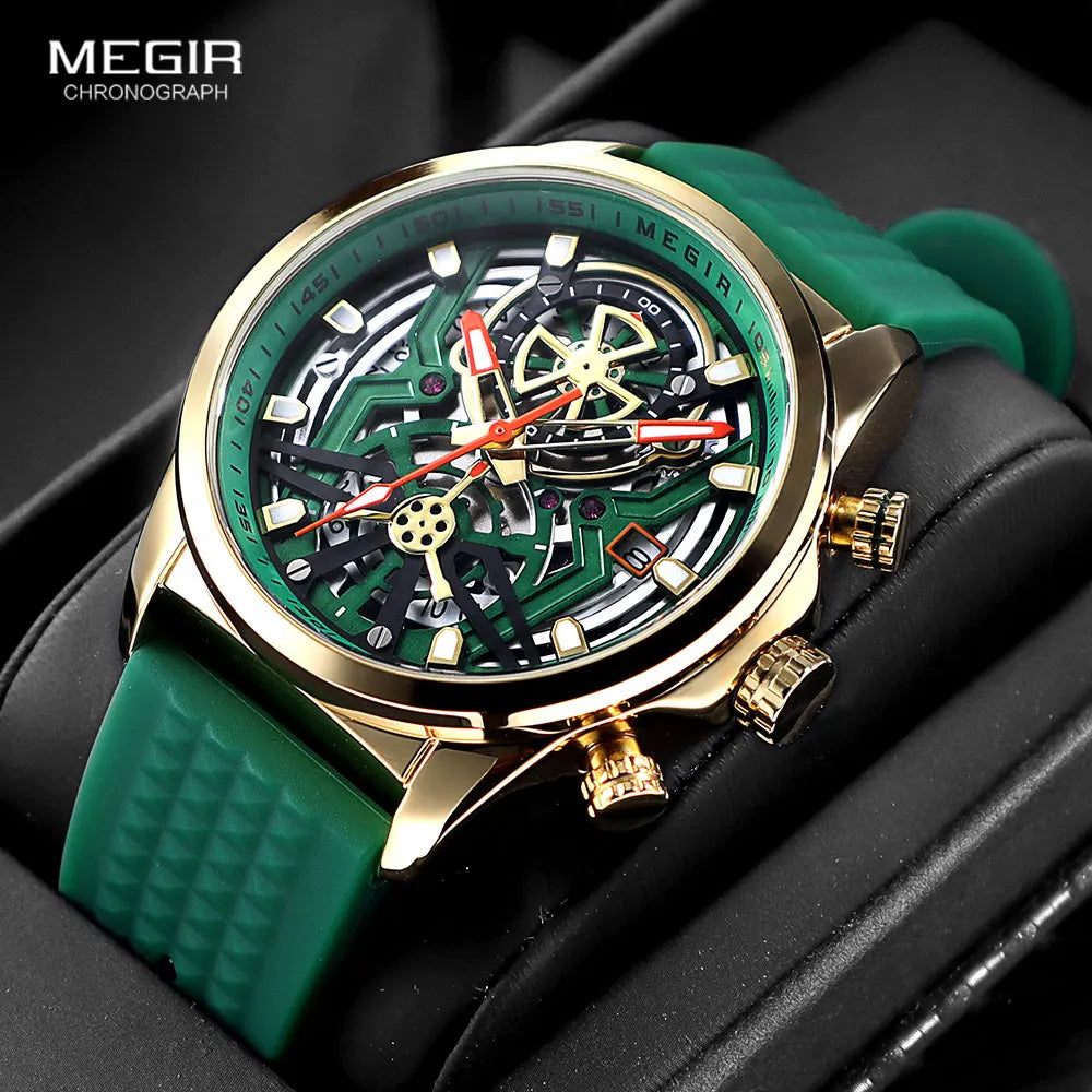 MEGIR Sport Quartz Watch Men Fashion Waterproof Chronograph Wristwatch with Date Olive Green Silicone Strap Luminous Hands 2235 Good Vibrations