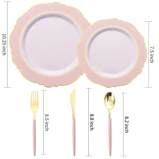 30Guest Pink Plates Disposable - Hign-End Baroque Design - Gold Plastic Silverware With Handle-Baroque Pink &Gold Plastic Good Vibrations