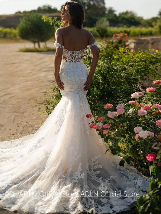 Luxury Flowers Lace Mermaid Wedding Dress Customized Off The Shoulder Sweetheart Illusion Court Train Bridal Gown for Bride Good Vibrations