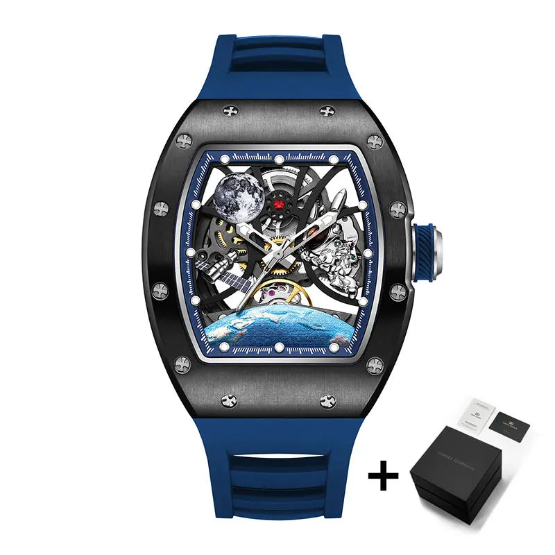 Men's Automatic Watches for Men Fashion Tonneau Mechanical Clock Earth Dial Waterproof Luxury Luminous Skeleton Mens WristWatch Good Vibrations