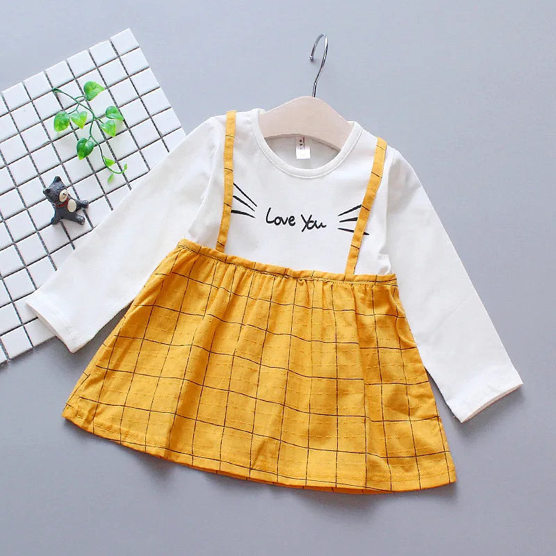 Checked Suspender Splicing Infant Dress Spring And Autumn Girls' Baby Long-Sleeved Dress Simple Girl Children'S Clothing Good Vibrations