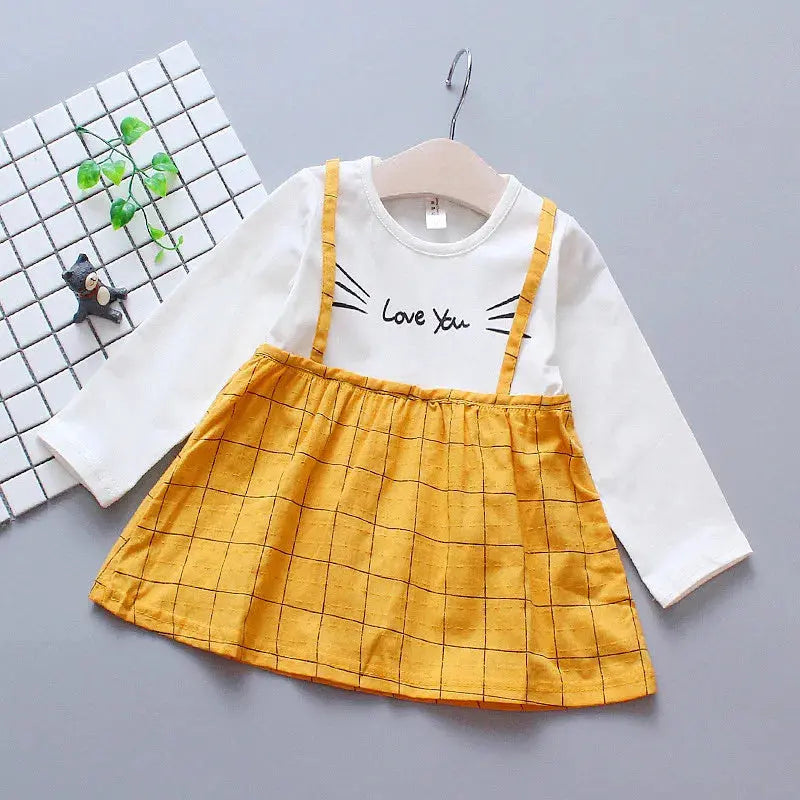 Checked Suspender Splicing Infant Dress Spring And Autumn Girls' Baby Long-Sleeved Dress Simple Girl Children'S Clothing Good Vibrations