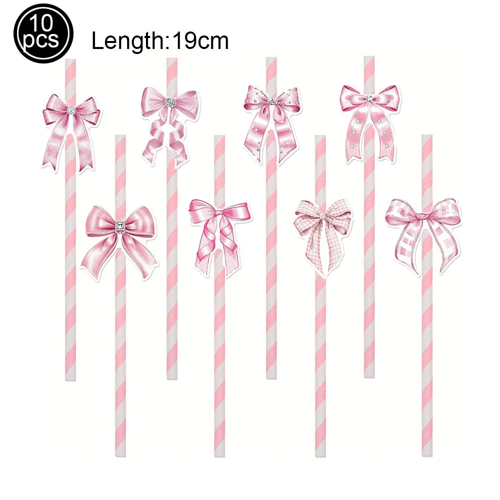Pink Bow Birthday Party Supplies Disposable Bow Themed Tableware Set Engagement Wedding Girls Birthday Bachelorette Party Decor