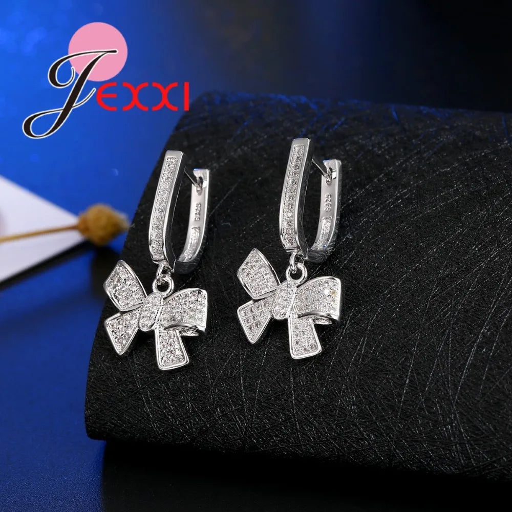 Classic Women Tow Tie Jewelry Sets Full Rhinestone Zircon Statement Necklace Earrings 925 Sterling Silver Set Accessory Good Vibrations Adult Super Store