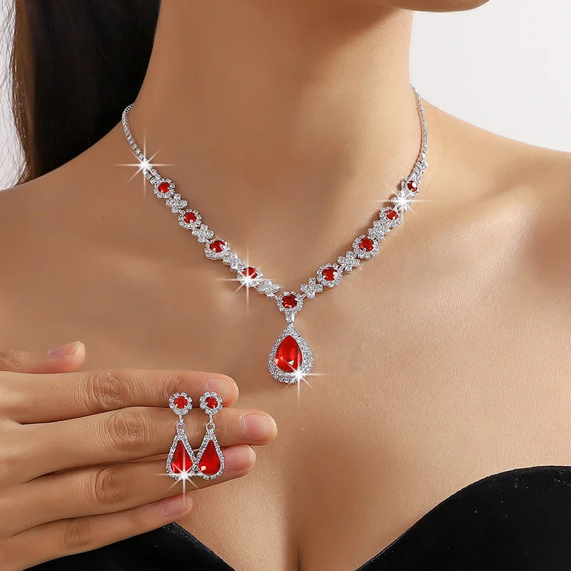 2pcs/set Jewelry Sets Women Elegant Waterdrop Rhinestone Pendant Necklace stud Earrings Wedding Dress Bridal Jewelry Set Good Vibrations