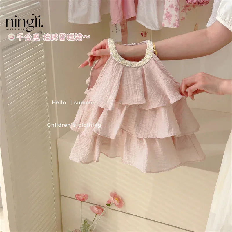 Girls Casual Dresses Summer New Children Clothing Sweet Vest Baby Cake 2024 Round Collar Fashion Soild Sweet Pink Good Vibrations