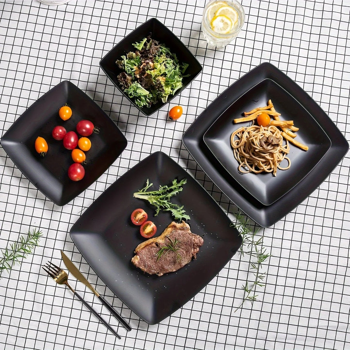 16-Piece Square Dinnerware Set - Heavy Duty Ceramic Plates, Bowls, Cups | Dishwasher & Microwave Safe for Everyday Use Good Vibrations