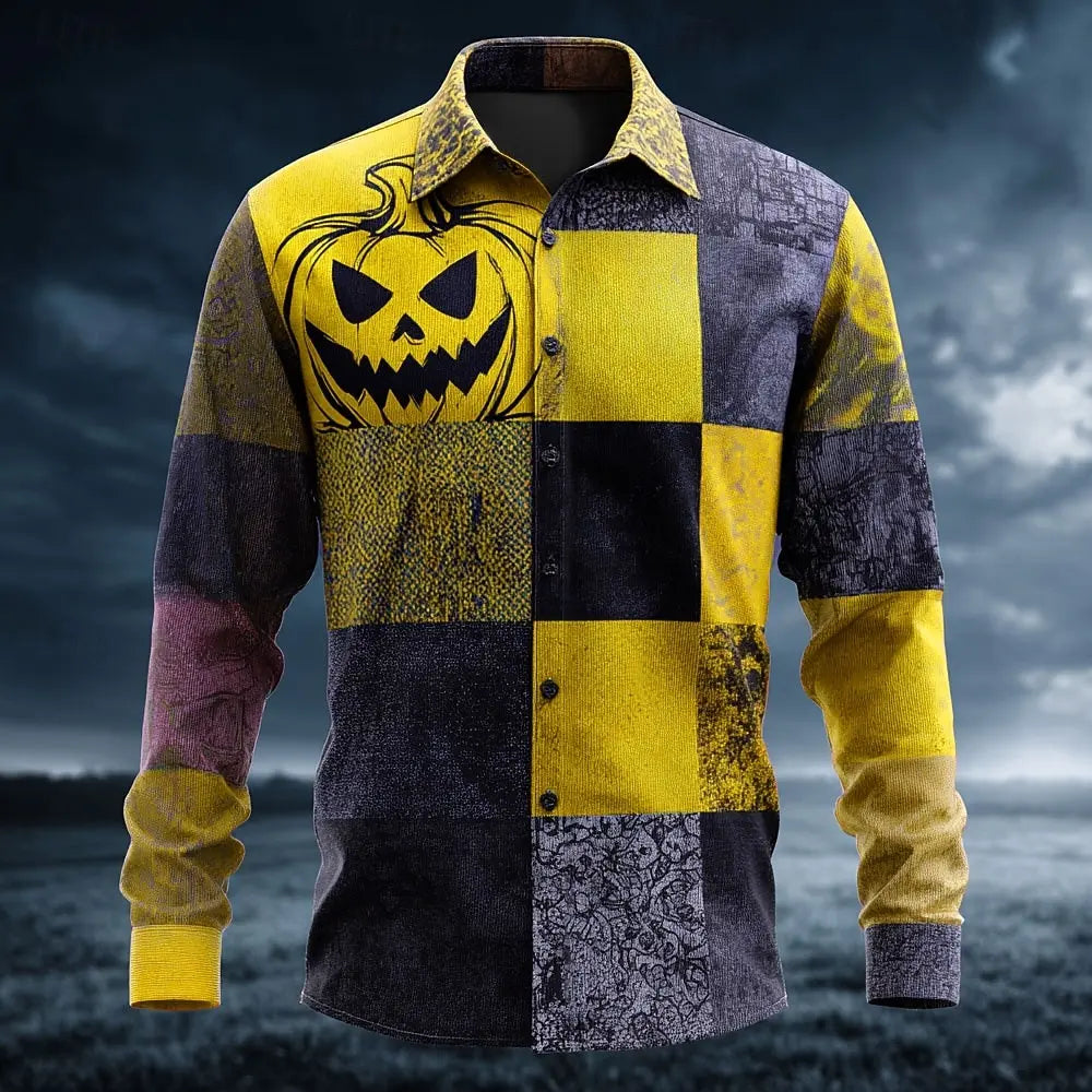 Halloween Costumes Men's Color Block Pumpkin Patchwork Shirt Button Up Shirt Long Sleeve Casual Outdoor 3D Print Collared Shirt Good Vibrations
