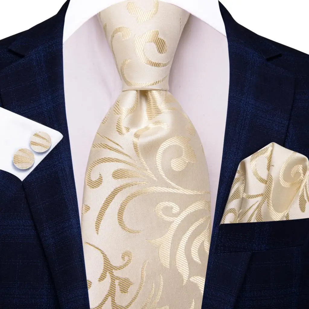 Hi-Tie Champagne Gold Striped Paisley Solid Men Silk Wedding Tie Fashion Design Necktie For Men Hanky Cufflink Business Party Good Vibrations