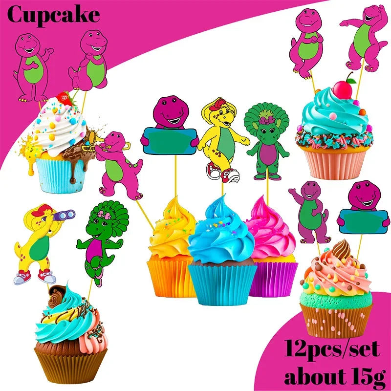 Barney Theme Birthday Party Decorations Cake Topper Birthday CUP Napkin PLATE Straw Swirls Stickers KidsParty Supplies Decor Good Vibrations