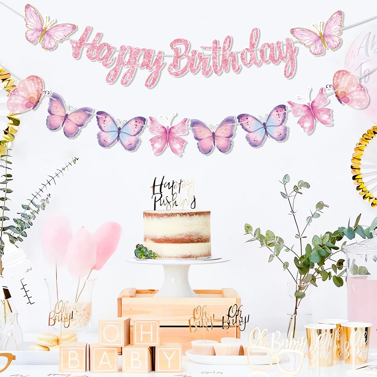 Pink Happy Birthday Banner With Butterfly Dancing Hanging Pendant Garlands  Girls Princess 1st Happy Birthday Party Decorations Good Vibrations