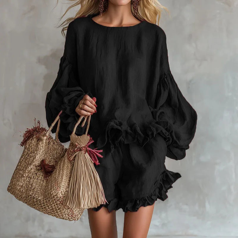 Bohemian Casual Vacation Outfits Woman Elegant O Neck Ruffle Hem Top And Beach Shorts Set Spring Solid Loose Fit Streetwear Suit Good Vibrations