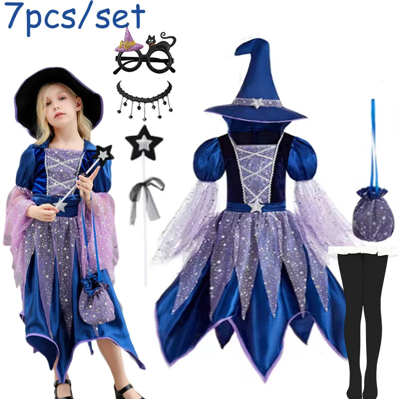 Girls Halloween witch costume dress with hat wand bag and accessories for kids party cosplay