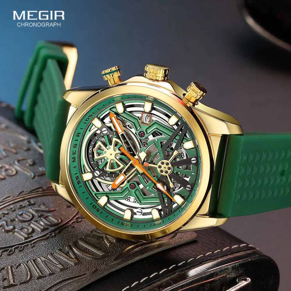 MEGIR Sport Quartz Watch Men Fashion Waterproof Chronograph Wristwatch with Date Olive Green Silicone Strap Luminous Hands 2235 Good Vibrations