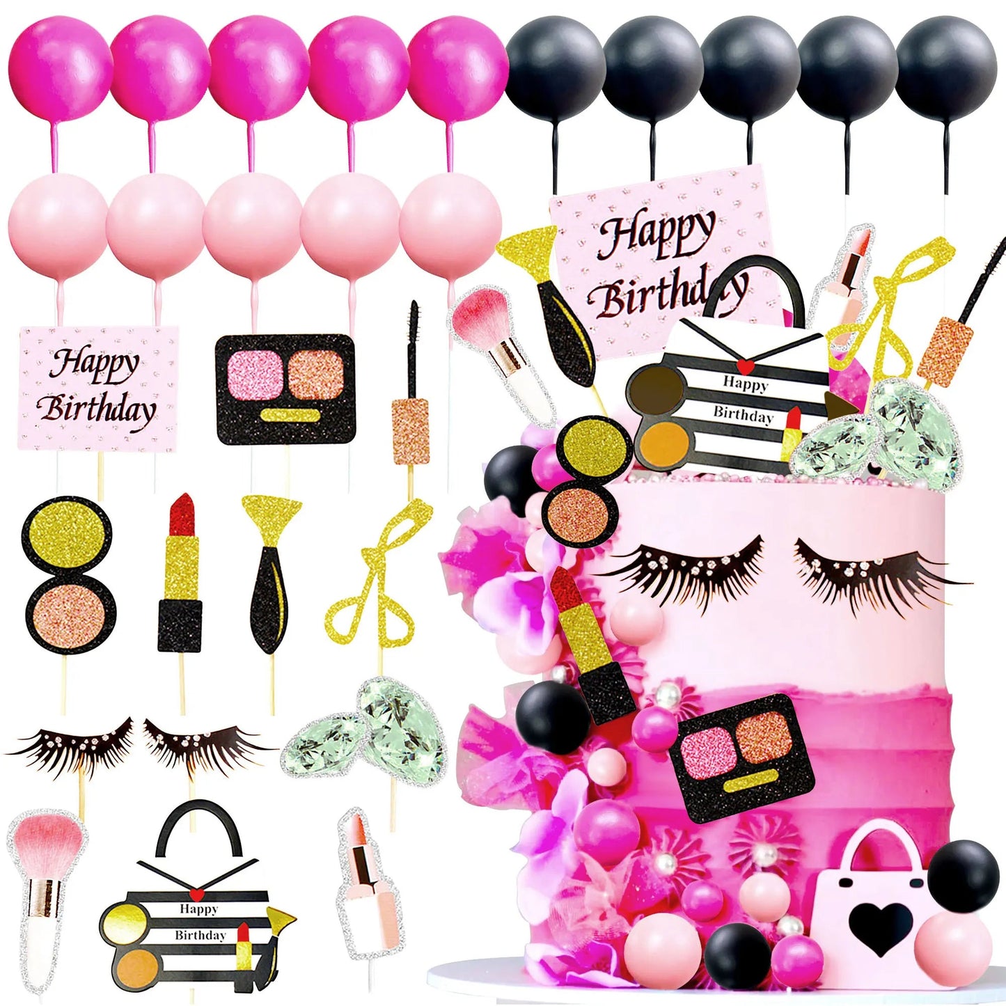 LaVenty Makeup Cake Toppers Glamour Party Decorations Girl Birthday Cake Topper Balls Palm Leaves Cake Topper Spa Cake Topper Good Vibrations