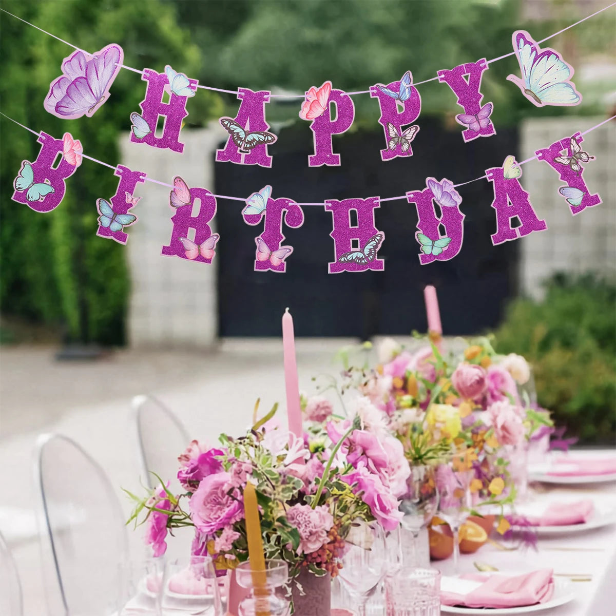Pink Happy Birthday Banner With Butterfly Dancing Hanging Pendant Garlands  Girls Princess 1st Happy Birthday Party Decorations Good Vibrations