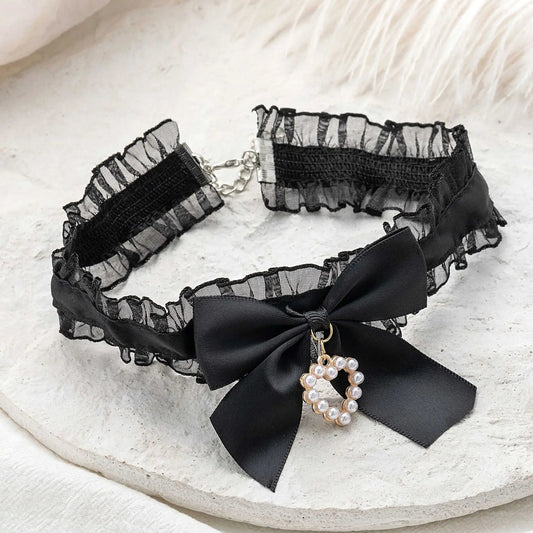 Women's Cute Collar Lolitas Handmade Vintage Lace Heart Choker For Women Gothic Bow Knot Necklace Girls Uniform Accessories Good Vibrations