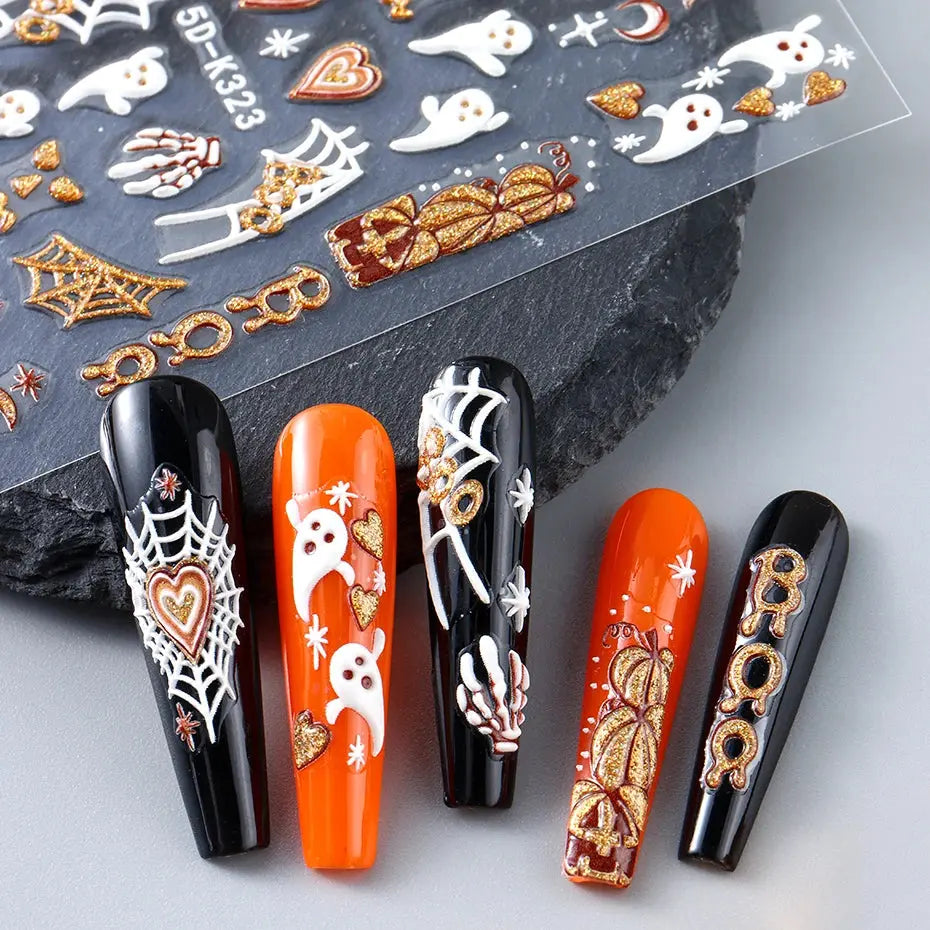 5D Halloween Nail Stickers White Bones Design Spooky Ghost Pumpkin Sliders for Nails Glitter Heart Spider Web Manicure Decals Good Vibrations