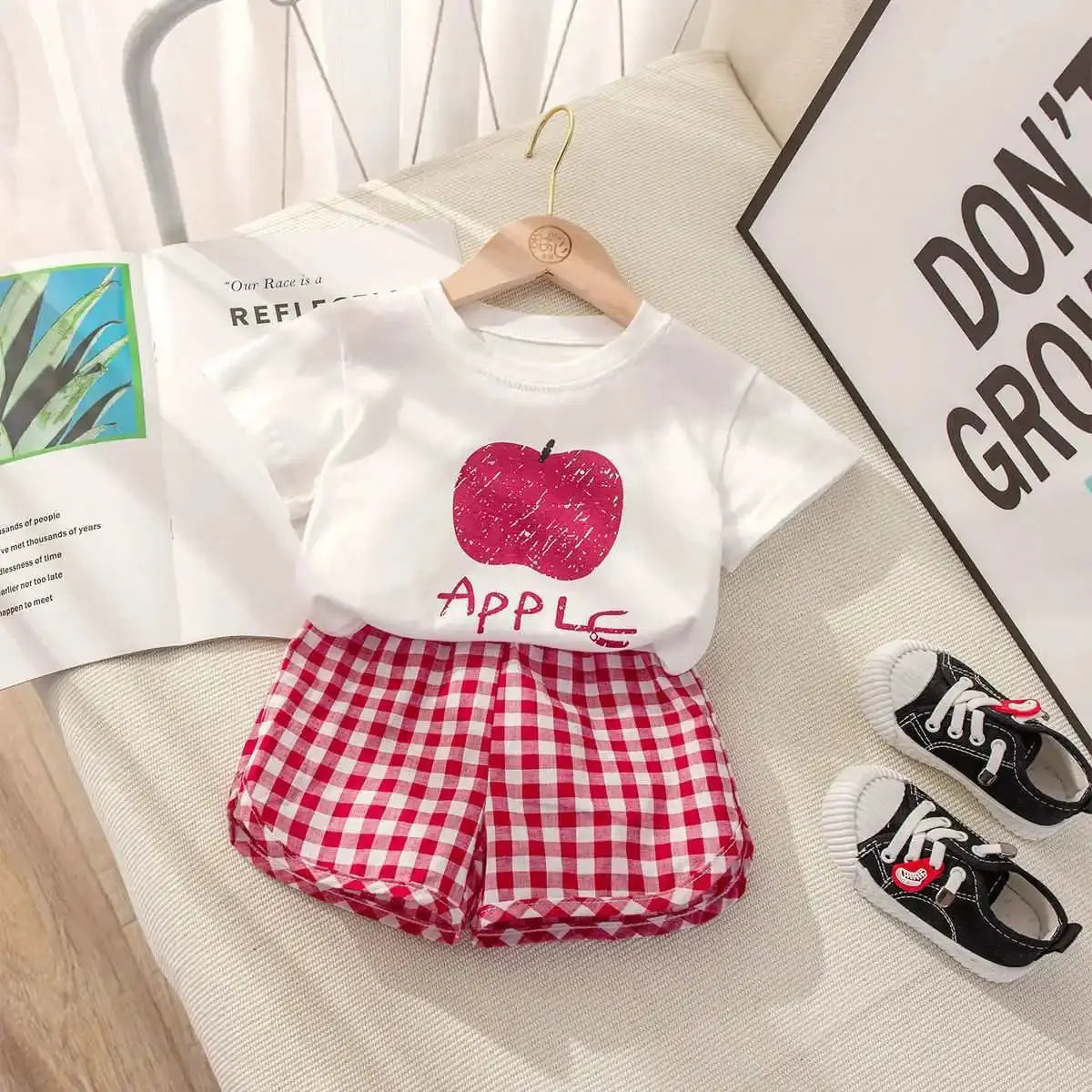 Fruit T-shirt Plaid Shorts Girls 2pc/set Summer Children's Clothes Cotton Kids Short Sleeved Suit Fashion Baby Clothing 1-6Y Good Vibrations