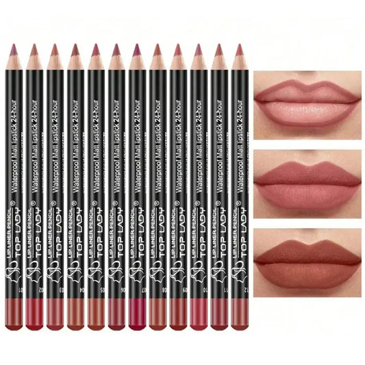 12pcs Lip Liner Pen set with 12 colors, waterproof matte lip pencils for long-lasting, natural lip makeup.