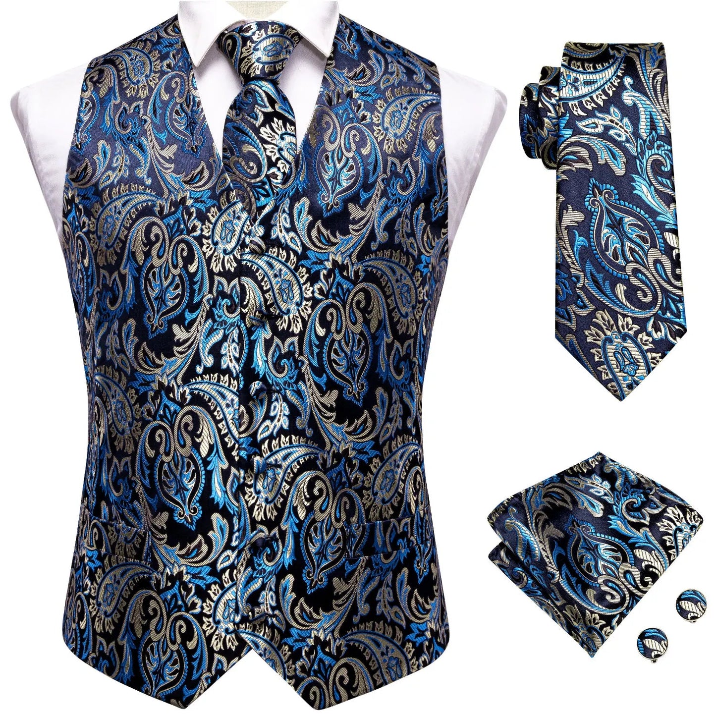 Hi-Tie Black Men Silk Vest Paisley Jacquard Necktie Hankerchief Cufflinks Sets Male Sleeveless V-Neck Waistcoat Business Formal Good Vibrations