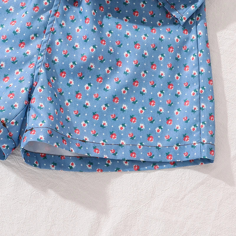 Girls Clothing Sets Light Blue Flowers Printed Button-Down Sleeveless Top & Shorts 2 PCS Korean Style Kids Sets Daily Clothes Good Vibrations
