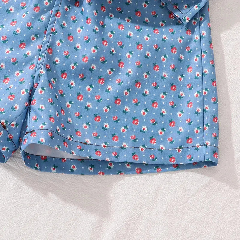 Girls Clothing Sets Light Blue Flowers Printed Button-Down Sleeveless Top & Shorts 2 PCS Korean Style Kids Sets Daily Clothes Good Vibrations