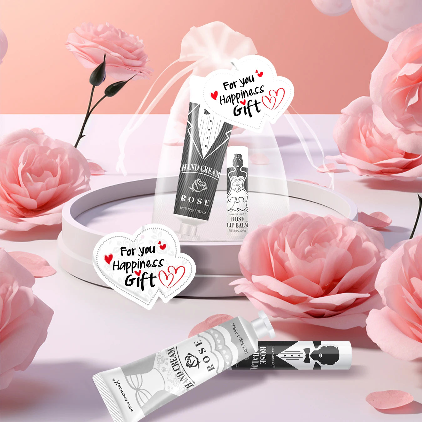 20 sets of wedding dress and suit theme gifts include hand cream, lipstick, white drawstring bag and wedding love greeting card
