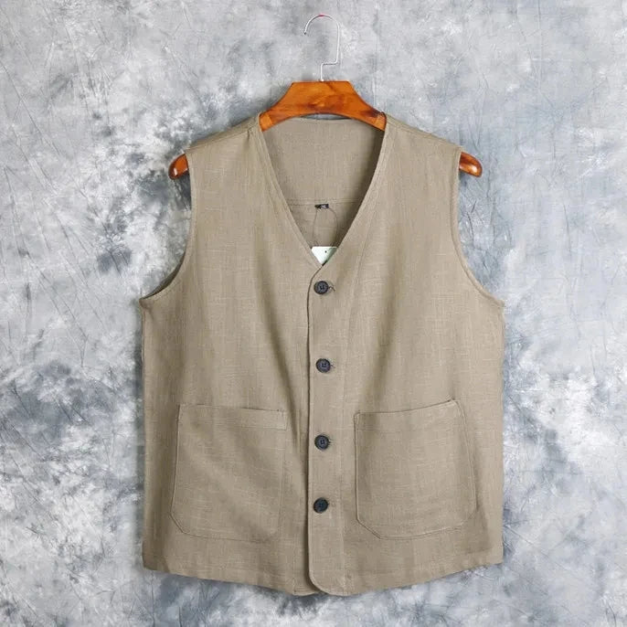 Men's Vest Dress Linen Cotton Waistcoat Jacket Male Formal Gilet For Mens Jeans Summer Casual Business Victorian Clothing Good Vibrations