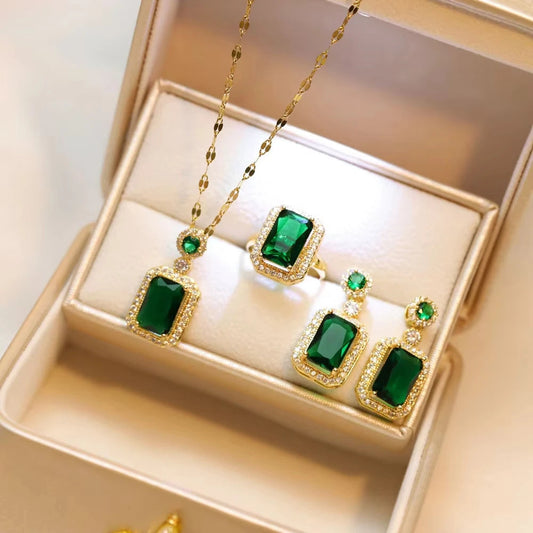 Classic Women's Three Piece Jewelry Set Statement: Jadeite Ring, Fashion Green Zircon Ring, Earrings, Necklace, Wedding Jewelry Good Vibrations