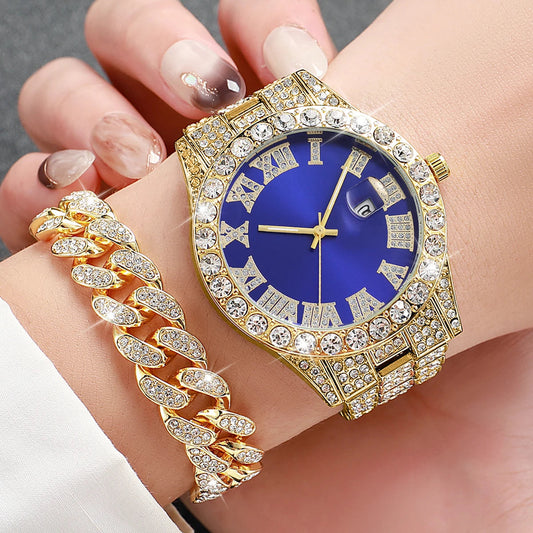 2PCS Luxury Rhinestone Men Watches Fashion Stainless Steel Band Male's Analog Quartz Watch Bracelet Set Relogios Masculino Good Vibrations