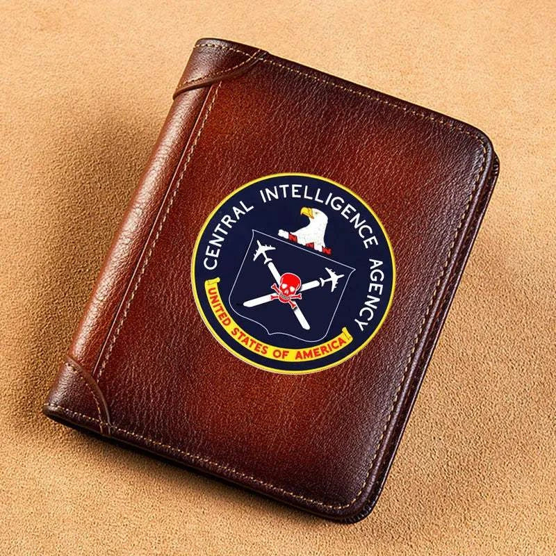 High Quality Genuine Leather Men USA FBI Department Of Justice Printing Cover Short Card Holder Purse Luxury Brand Male Wallet Good Vibrations