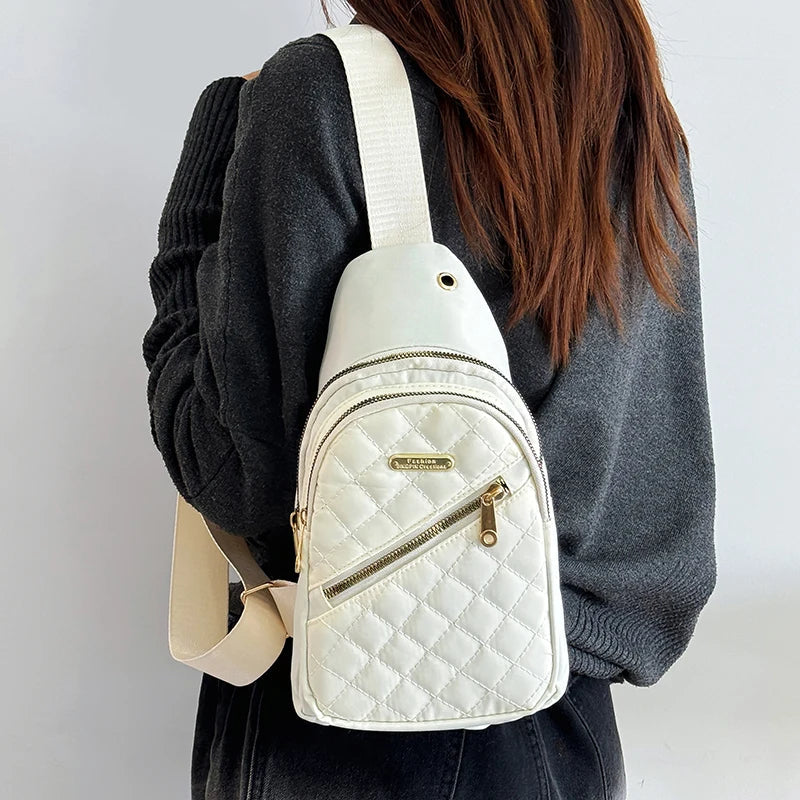 Neutral style backpack for men and women, with multiple color slanted fabric and nylon material. Suitable for travel. Good Vibrations