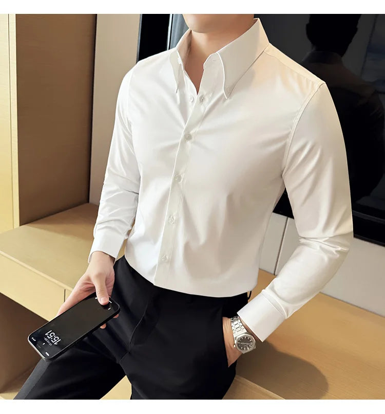 High Quality Versatile Business Casual Shirt Men Korean Fashion Long Sleeved Slim Fit Shirt Office Work Uniform Men Clothing 6XL Good Vibrations