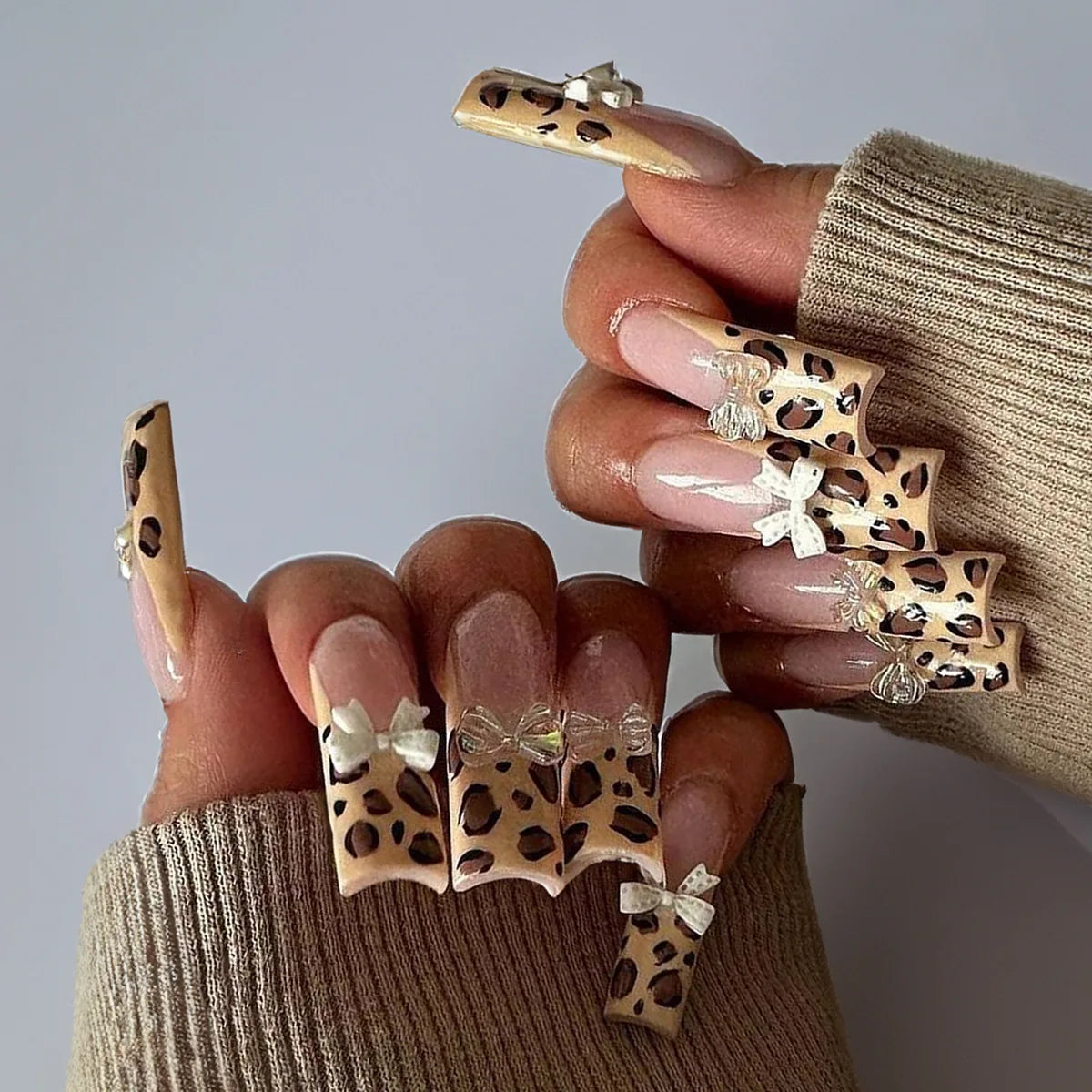 24Pcs Long Square Press on Nails Leopard Print French 3D Cherry Design False Nail Rhinestone Wearable Full Cover Fake Nails Tips Good Vibrations